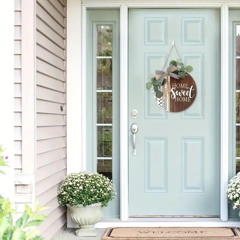 Home Sweet Home 2D Farmhouse Welcome Sign, Round Wooden Hanging Door Decor with Bow and Artificial, Rustic Porch Wreath for Holidays