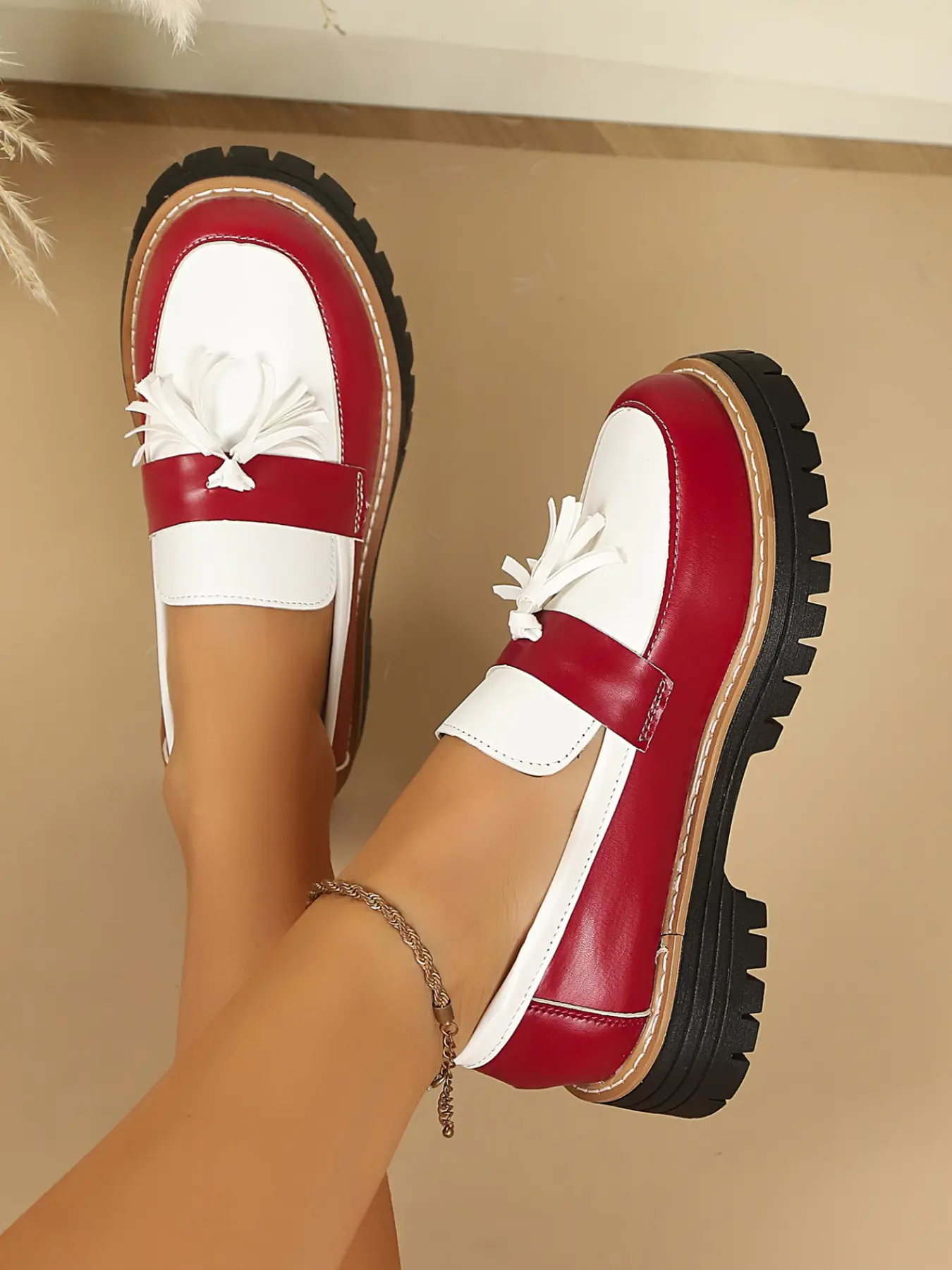 Women's Colorblock Fringe Thick Sole Loafers, Round Toe Slip-On Shoes, British Vintage Chunky Heel, Casual Daily Wear, Comfortable & Stylish