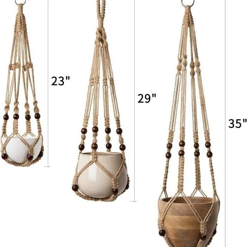 Decorative Lightweight Holder Bag Hangers Set with Hook - 3-Pack Hand Woven Natural Cotton Accessories for Indoor Outdoor Flower Pots & Planters