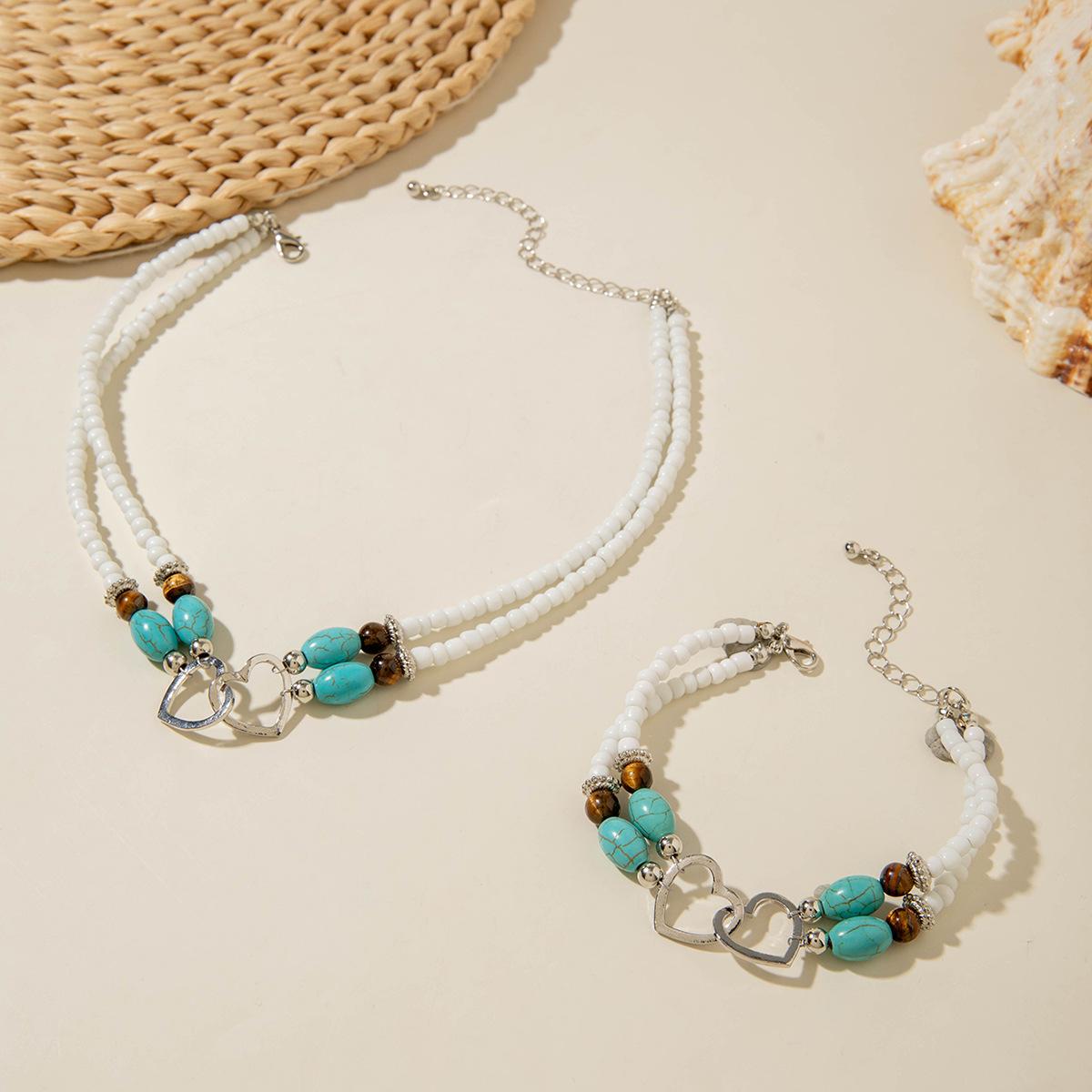 Boho Vacation Style Beaded Turquoise Jewelry Set, Metal Heart Jewelry, Elegant Accessories for Women, Perfect Gift Idea