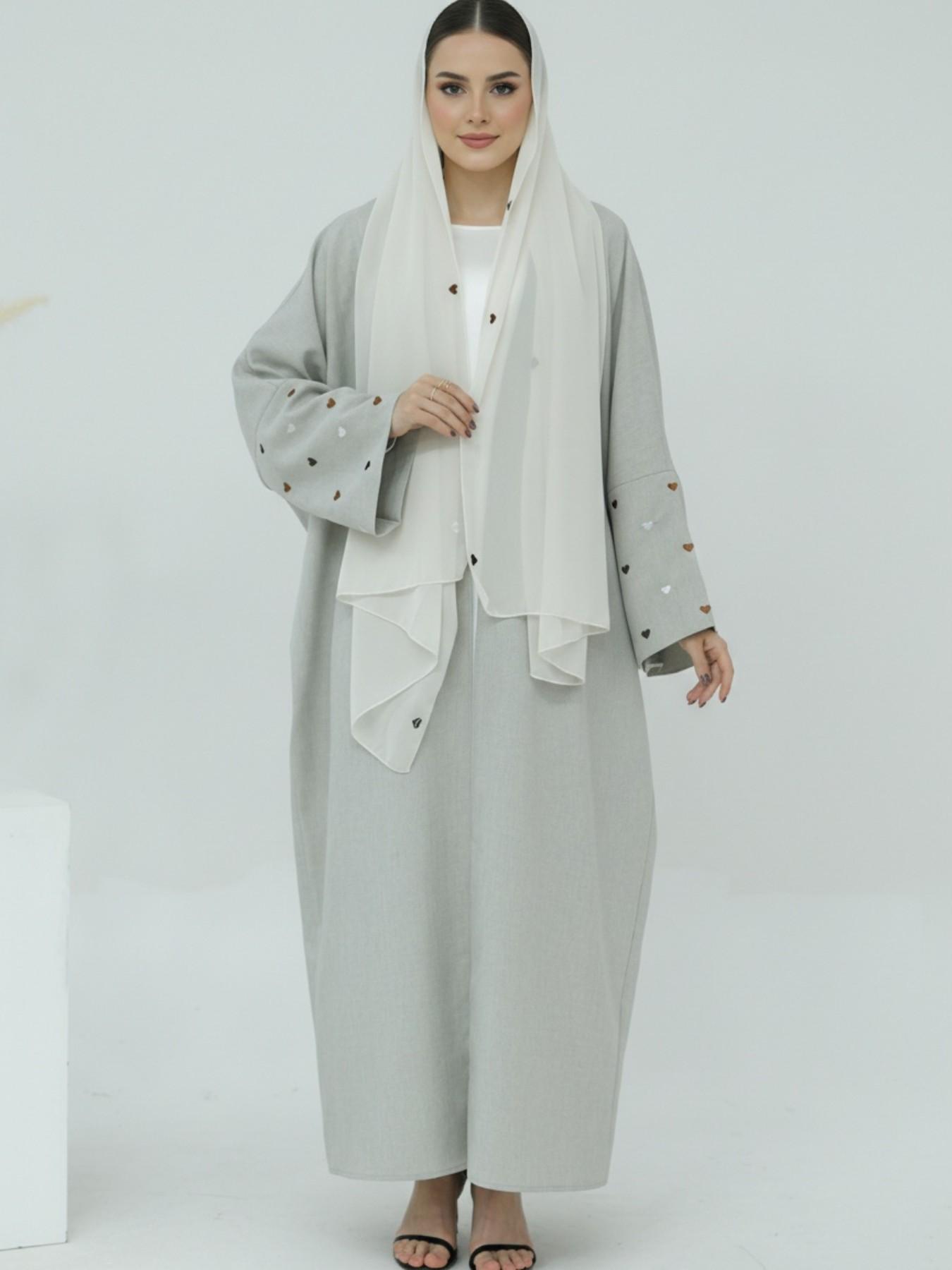 Women's Heart Embroidery Long Sleeve Open Abaya, Modest Casual Outerwear for Daily Wear, Ladies Islamic Clothing for All Seasons