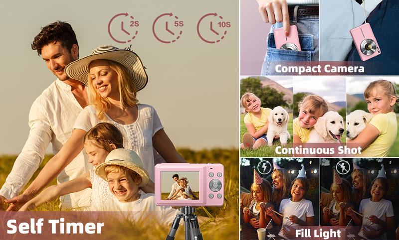 Summer Release | CAMKORY Portable Pocket Vlogging Camera with 32GB SD Card & Wrist Strap, Self Timer, Anti-Shake, 16X Digital Zoom, FHD 1080P Point & Shoot Camera for Daily Photography, Perfect Holiday Gift for Adults, Teens & Kids【Light Pink】