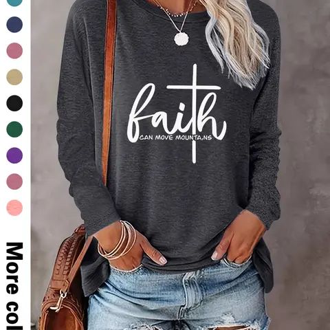 Women's Letter Print Round Neck Tee, Casual Long Sleeve T-shirt, Women's Spring & Fall Top for Daily Wear Everyday