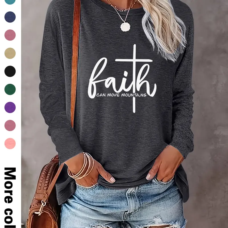 Women's Letter Print Round Neck Tee, Casual Long Sleeve T-shirt, Women's Spring & Fall Top for Daily Wear Everyday