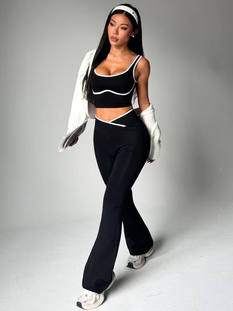 Women's Seamless Colorblock Tank Top and Bell Bottom Pants Set, High Waisted Butt Lifting Design, Casual Sportswear, Yoga Tracksuit Set