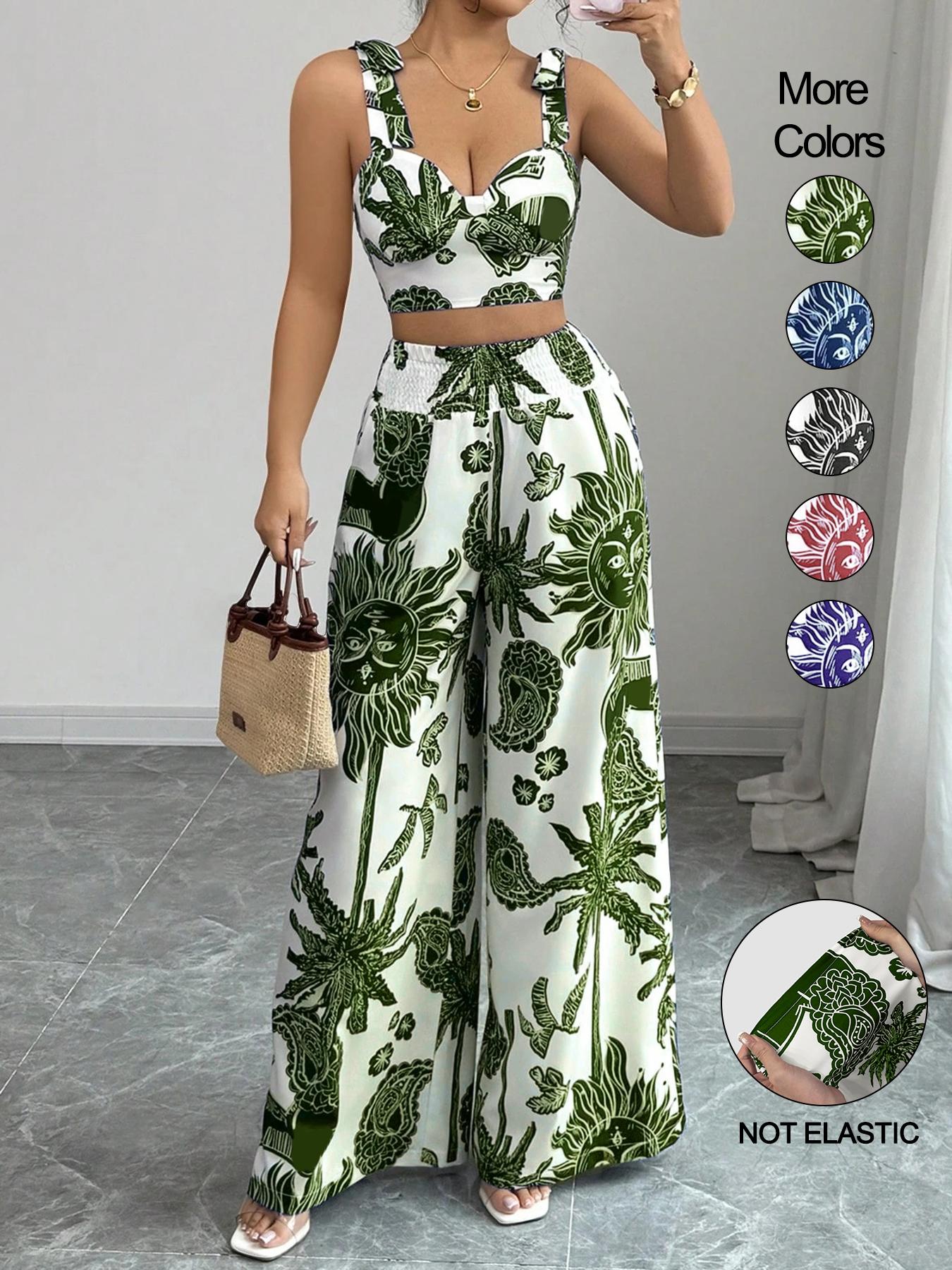 Women's Boho Style Floral Print Sleeveless Top & Belted Straight-Leg Pants Set, Casual Summer Outfit for Vacation