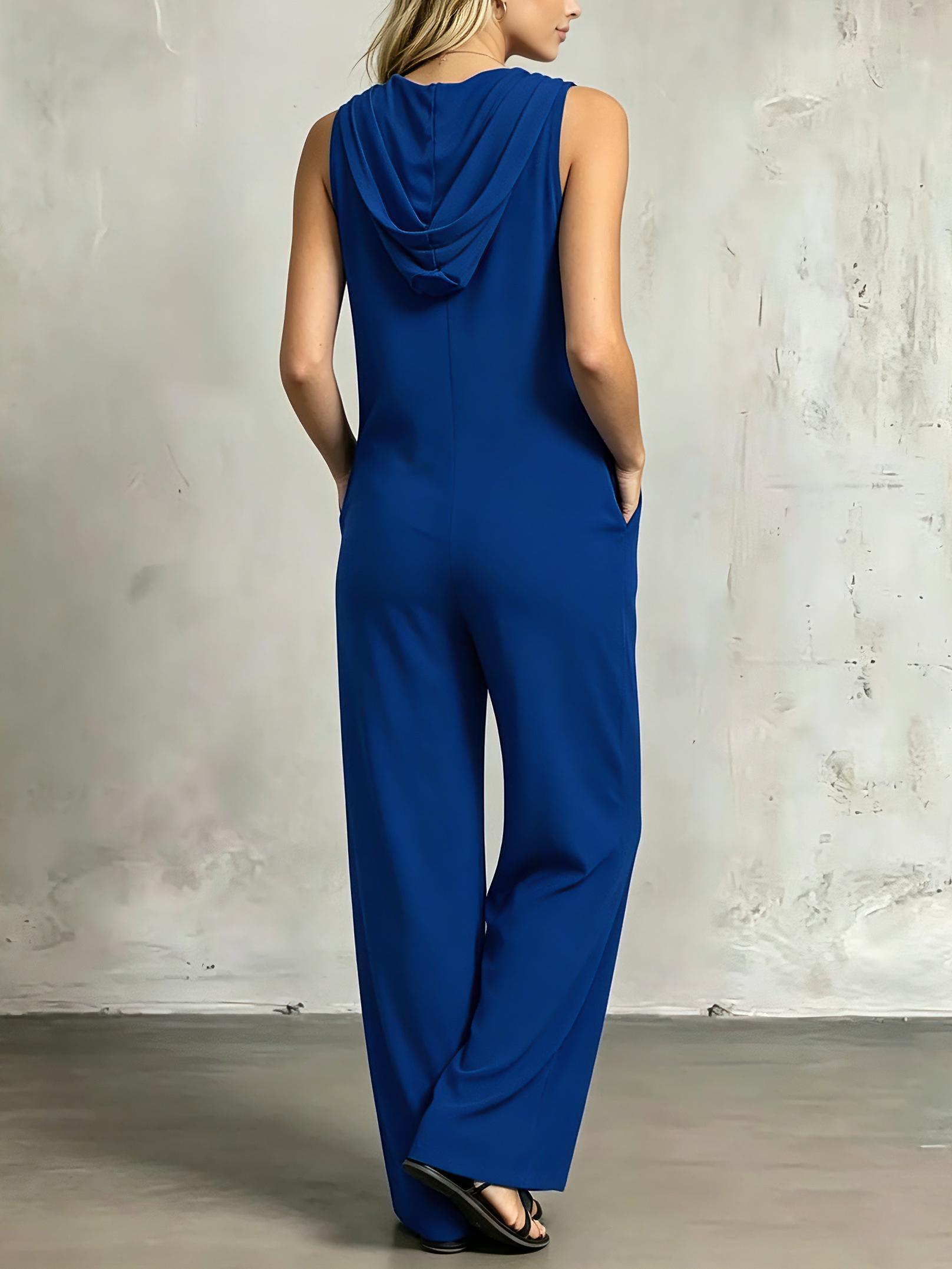 Lazy Style Sleeveless Hooded V-Neck Jumpsuit, Chic Minimalist Lightweight Loose Wide Leg with Pockets, Casual Home Wear, Comfortable and Stylish