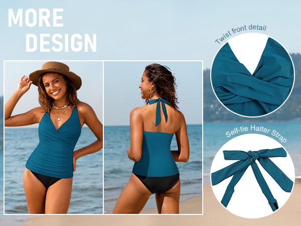 [dealforyoudays]Hilor Women's Underwire Tankini Tops Ruched Tummy Control Bathing Suit Tops Plunging Halter V Neck Swimsuit Twist Swim Top Only