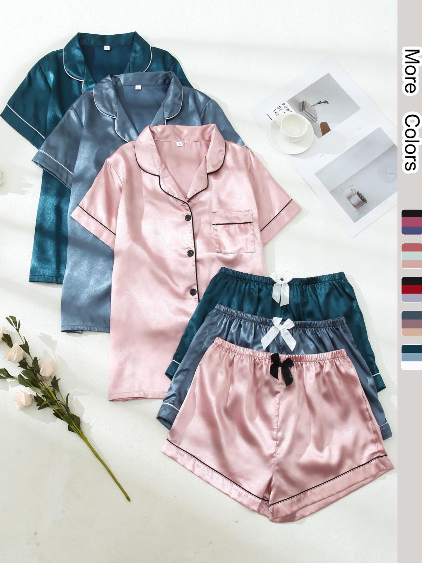 Six-Piece Set Women's Christmas Theme Contrast Binding Short Sleeve Satin Loungewear Set for Christmas Gifts, Summer Outfits 2024, Basic Button Front Shirt & Bow Decor PJ Shorts, Lounge Co-ord Set, Womenswear