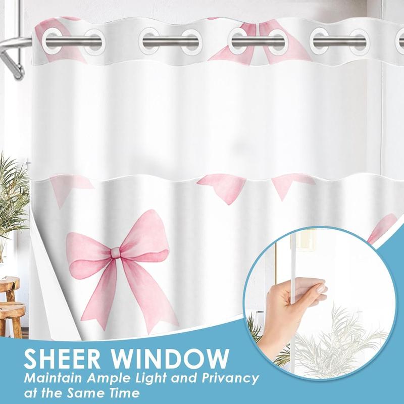 1pc hookless shower curtain with buckle lining, spring pink and white bow pattern design, 2D flat printing, fabric waterproof lining, see-through double-layer shower curtain, 71 x 74 inches, modern home draping curtain, Shower Curtain Liner 1pc hookless shower curtain with buckle lining, spring pink and white bow pattern design, 2D flat printing, fabric waterproof lining, see-through double-layer shower curtain, 71 x 74 inches, modern home draping curtain, Shower Curtain Liner