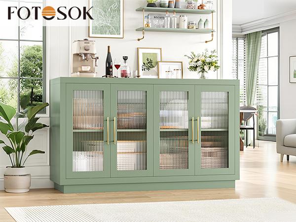 FOTOSOK Buffet Cabinet with Storage, 55.1" Large Sideboard with 4 Glass Doors, Kitchen Cabinet Buffet Table, Wood Coffee Bar Display Cabinet