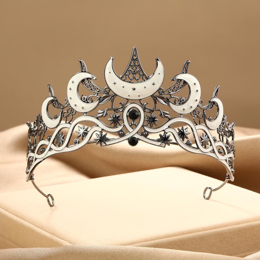 Gothic Moon-Star Rhinestone Crown, Funky Unique Accessories, Unisex Halloween Costume Headpiece for Witch Role Play Party Decoration