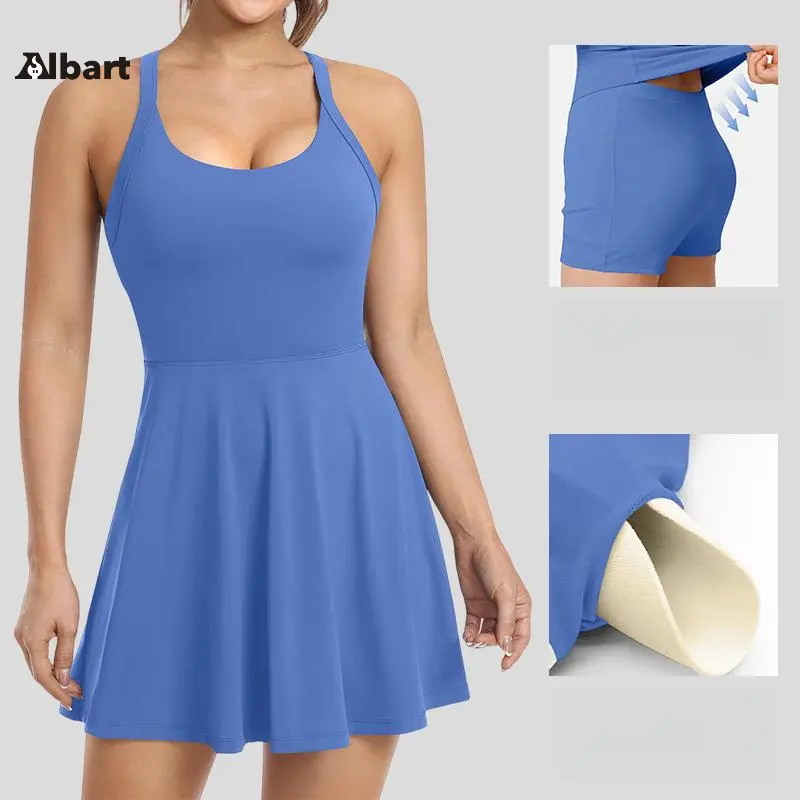 Women Halter Crisscross Open Back Tennis Dress, Sleeveless V-Neck A-Line Flare Mini Athletic Dress with Built-In Anti-Chafing Shorts, Soft High Stretch Breathable Sport Dress, Multi Solid Color Workout Dress Suitable for Tennis, Golf, Running, Yoga, Casua