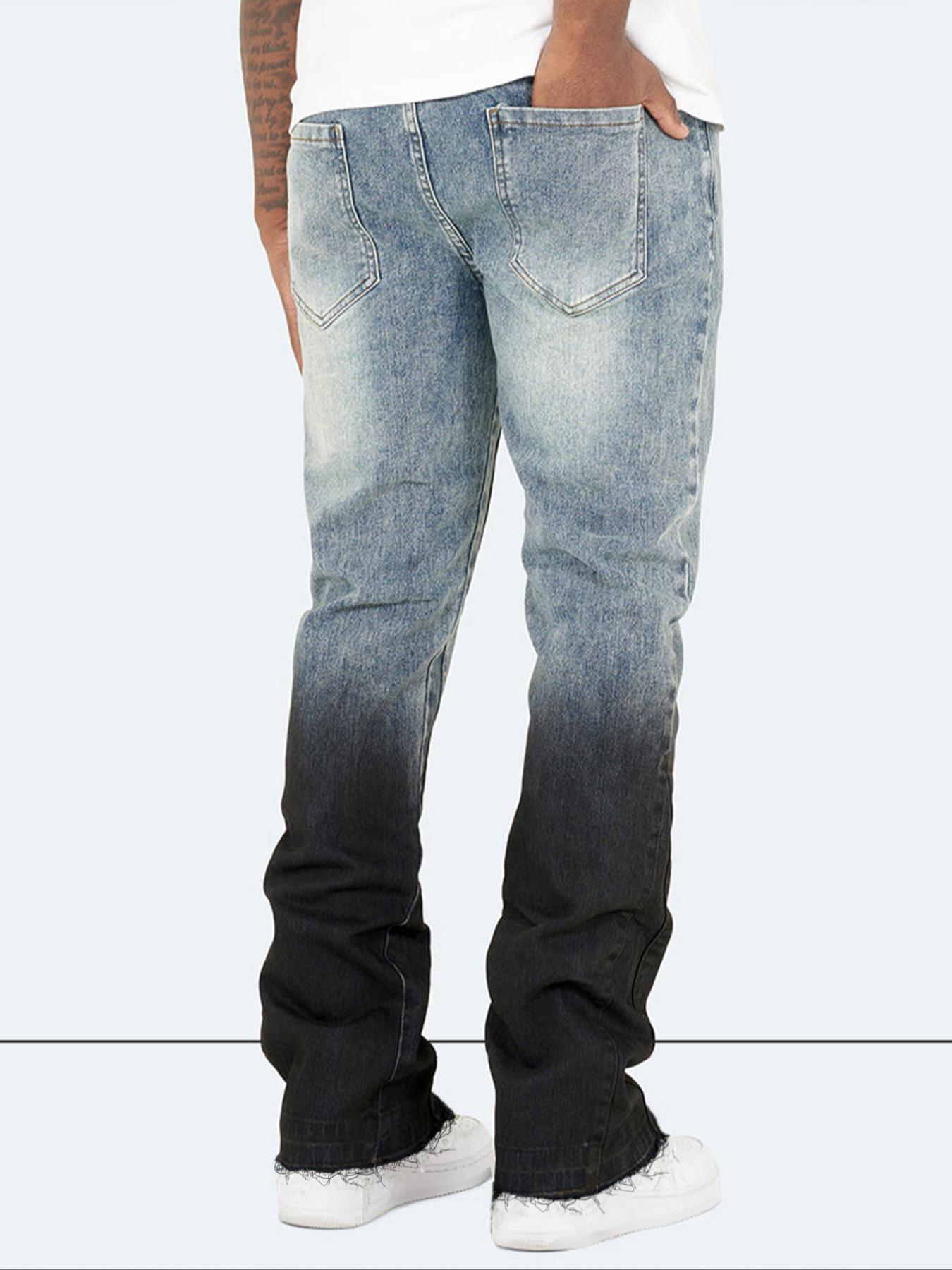 Men's Blue Slim Fit Elastic Straight Leg Jeans, Vintage Washed Look, Zipper Fly, All Seasons, Minimalist Style