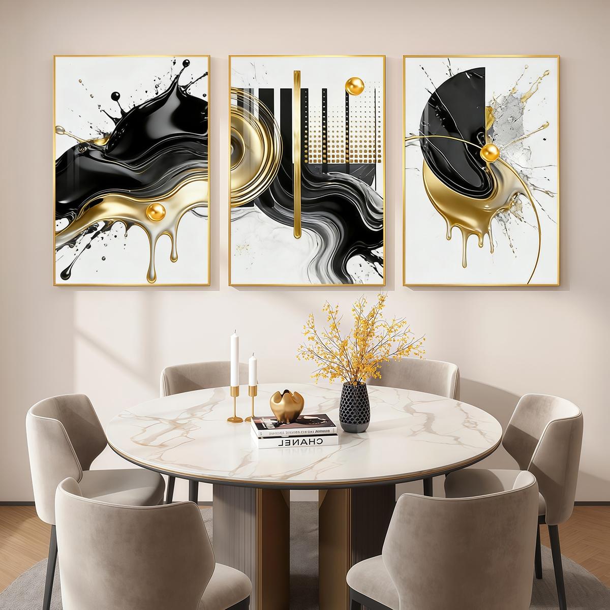 3 Counts Aluminum Alloy Framed Painting, Abstract Black And Gold Fluid Art Pictures, Home Decoration For Living Room, Bedroom, Office, Restaurant, Hallway Wall Decor, Odorless Print Artwork, Luxury Perfect Gift For Friends And Family