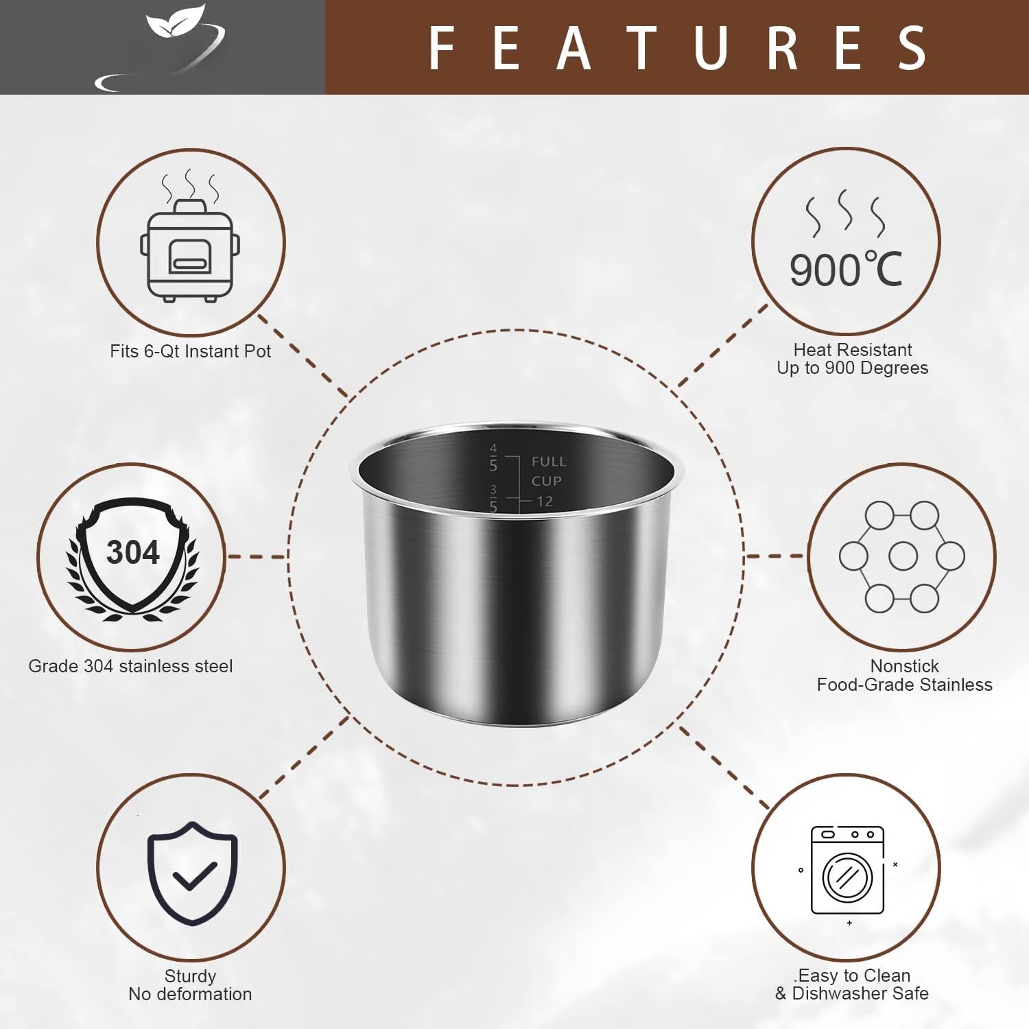 Genuine 6Qt Power Cooker XL  Inner Pot Compatible with 6 Quart Power  Cooker PPC770 PPC771 PPC770-1 PRO PCXL-PRO6 YBD60-100 WAL1 WAL2 Stainless Steel Inner Pot  - 6 QT