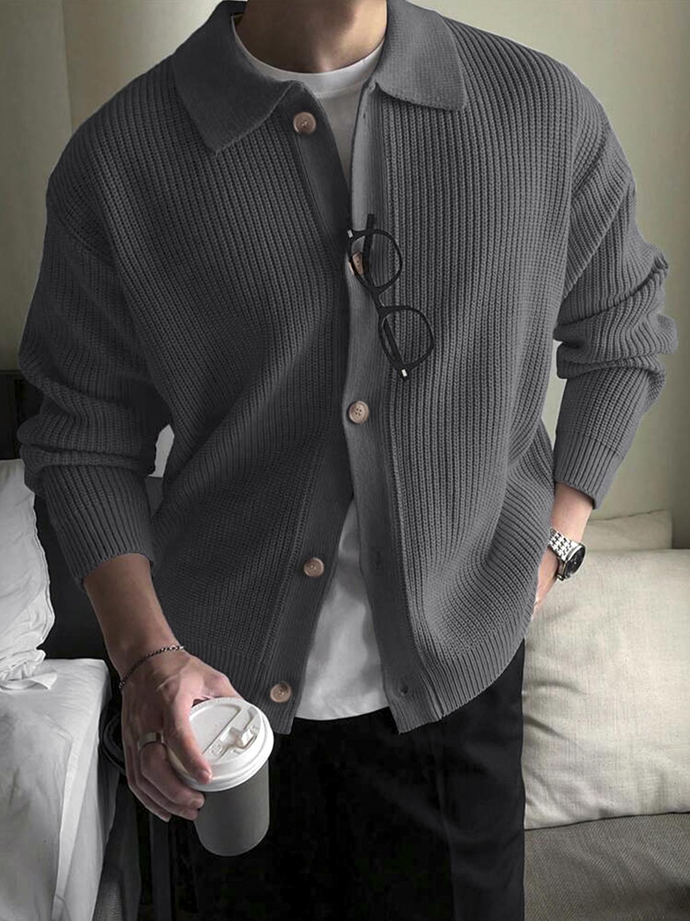 Autumn Winter Thick Knit Sweater Coat, Casual Unisex Cardigan, Lapel Long Sleeve Polo Shirt, Moderate Fabric, Fitted Style, Knitwear