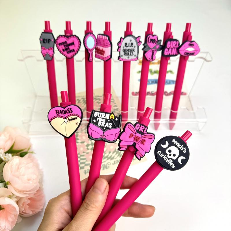 30/50Pcs black and pink contrasting color theme press-action gender-neutral pen, personalized silicone patch design, female power office writing signature ballpoint pen (15/25 pen + 15/25 refill)