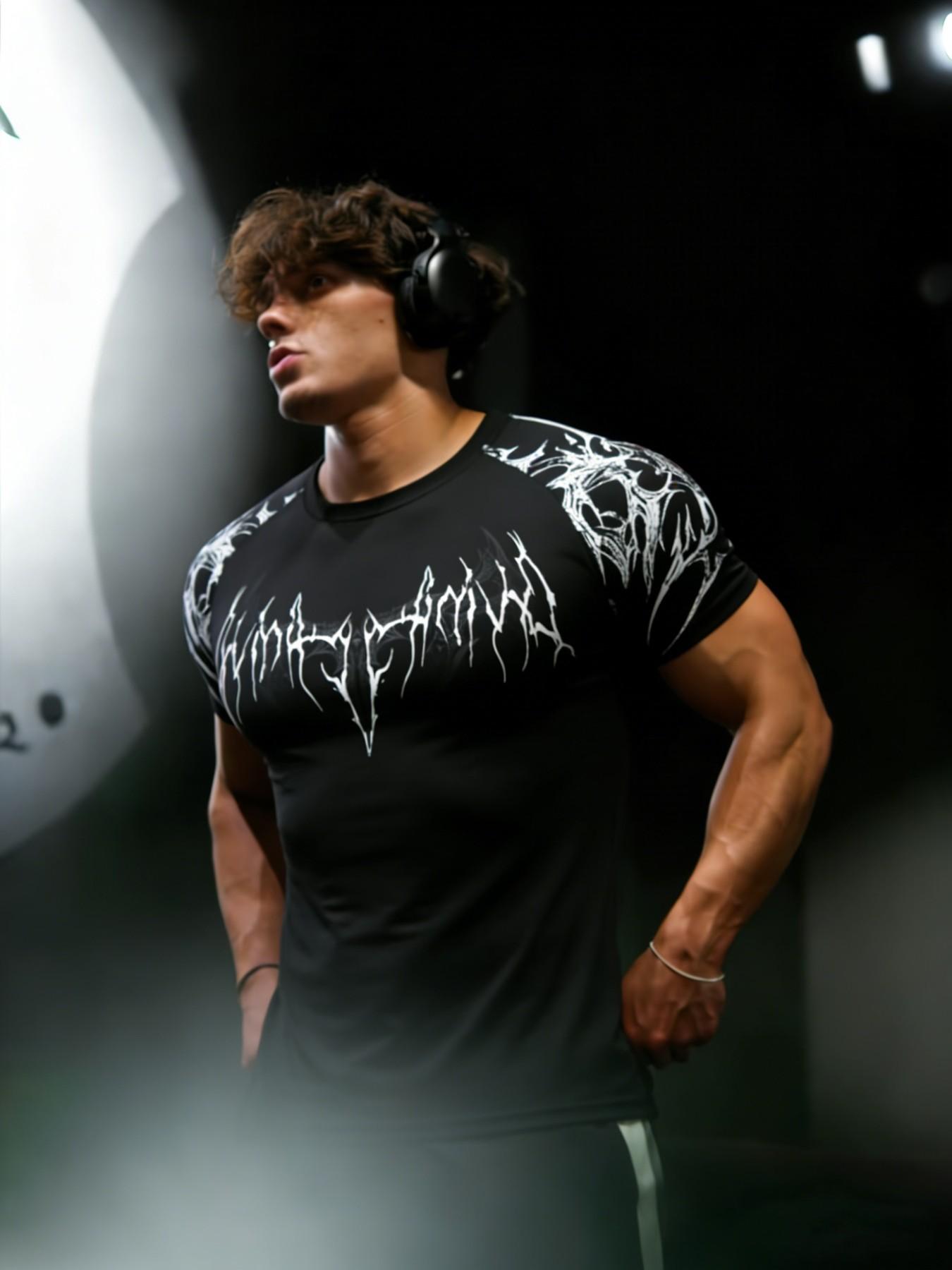 Men's Fitness T-Shirt with Thorn Print, High Elasticity Quick-Dry Fabric, Slim Fit for Gym Training, Casual Long Sleeve Top