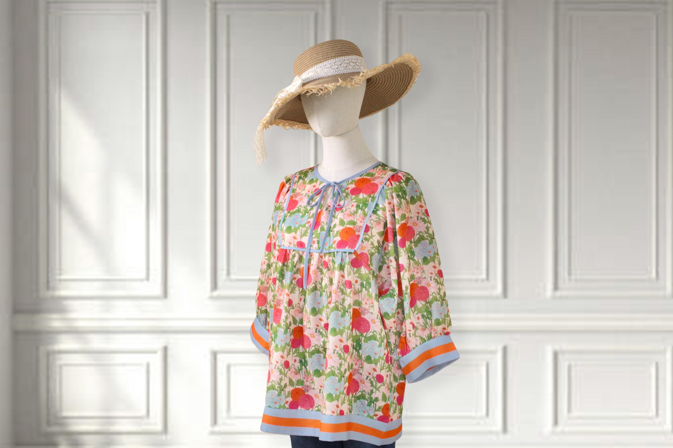 SageVell Pastel Pink Floral Print Top Puff Sleeve Loose Fit Vibrant Blossoms for Fresh Style Boutique Clothing for Moms Teachers Round Neck Blue Women's Blouse SpringStatements