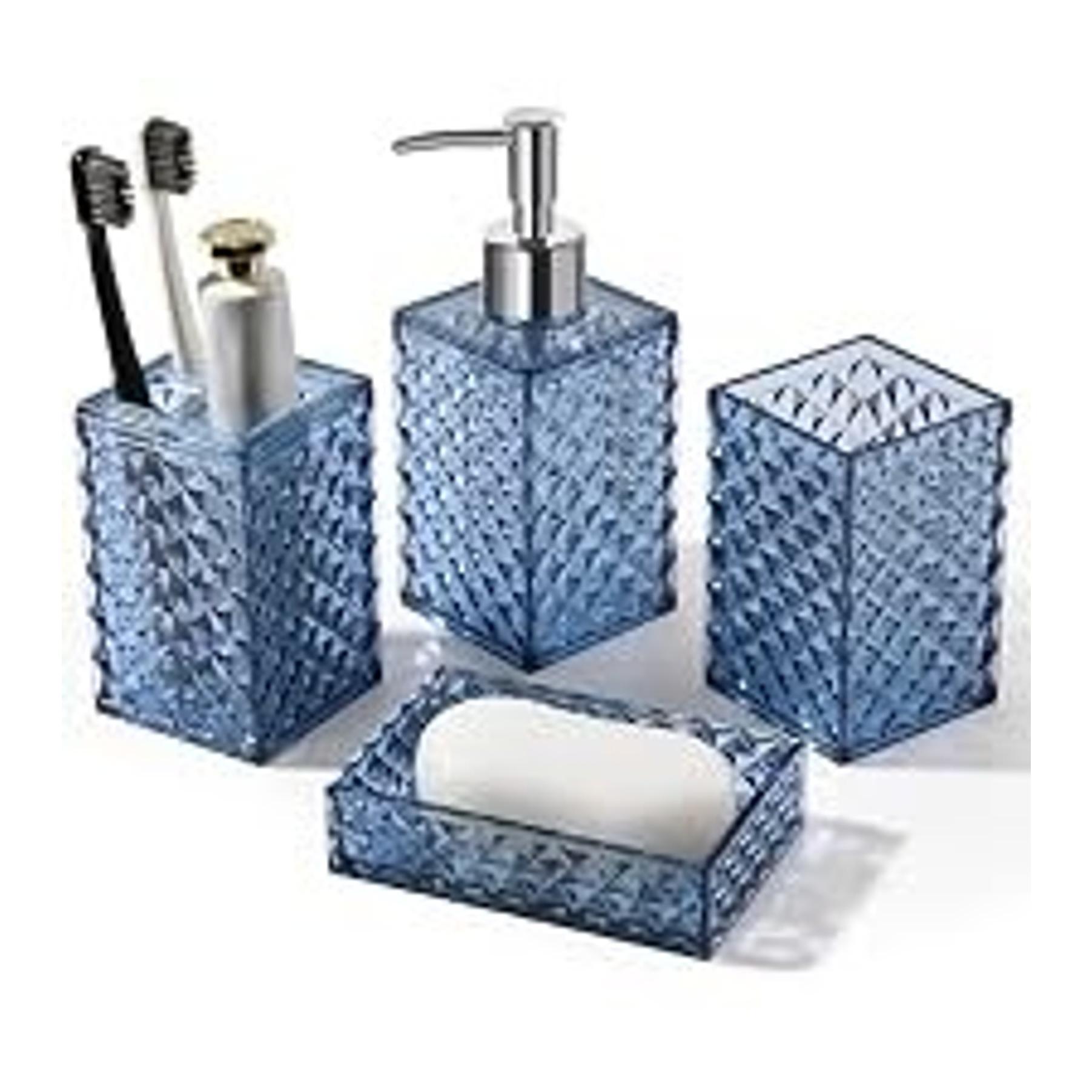 4-Piece Ribbed Glass Bathroom Accessory Set - Silver Modern Counter Decor with Soap Dispenser, Toothbrush Holder, and 2 Qtip Holders, Four Pieces 4-Piece Ribbed Glass Bathroom Accessory Set - Silver Modern Counter Decor with Soap Dispenser, Toothbrush Holder, and 2 Qtip Holders, Four Pieces