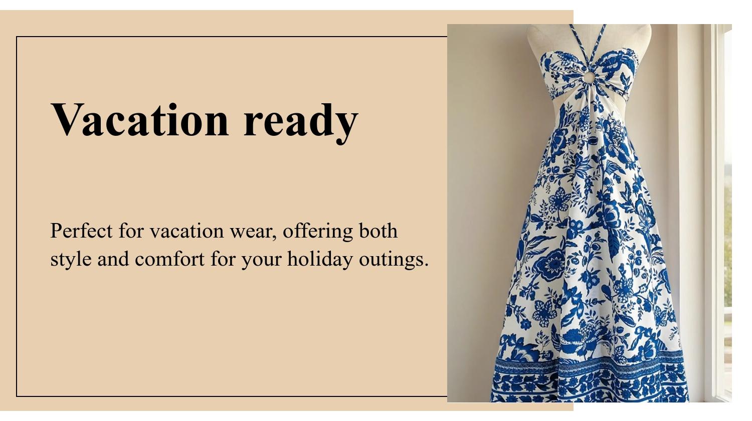 Women's Blue Ethnic Floral Halter Dress, Bohemian Style, Slim-Fitting, Lace-Up Hollow Out Waist, Casual Holiday Wear