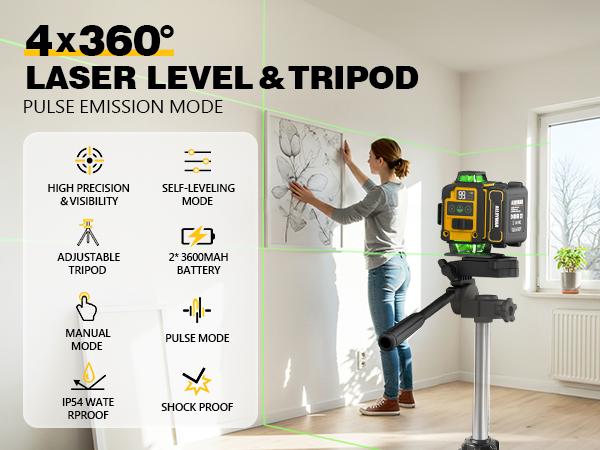 Alloyman Laser Level with Tripod, 4x360° Self Leveling Laser Level, 16 Line-Green Line Laser 4D with 2Pcs Lithium Batteries for Picture Hanging, Tile, Home Renovation, Indoor Project, Great Gift Ideas for a Perfect Christmas and New Year