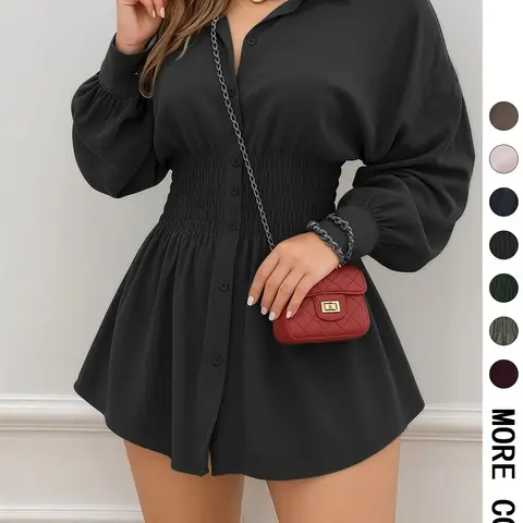 Women's Fashion Trendy Solid Color Ruched Waist Long Sleeve Dress, Casual Fitted Style, All Seasons Wear, Plain Pattern