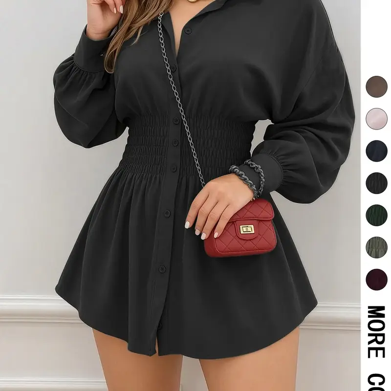 Women's Fashion Trendy Solid Color Ruched Waist Long Sleeve Dress, Casual Fitted Style, All Seasons Wear, Plain Pattern