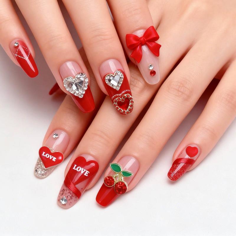 1 Box Valentine's Day Red Nail Charms 3D Creative Resin Heart Bow Mouth Alloy Cherry Nail Art Decorations DIY Festive Manicure Supplies for Women & Grils
