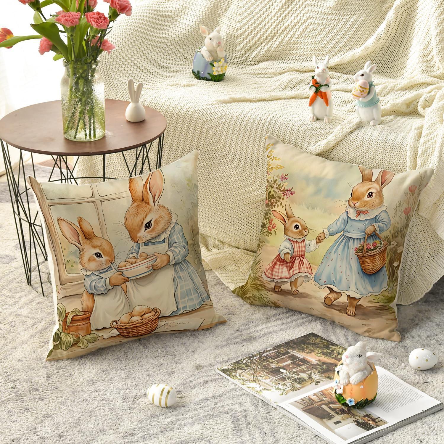 4pcs Easter Cute Rabbit Pillow Cover, Retro Style Cartoon Rabbit Easter Spring/Summer Season Decorative Cushion Cover, 18x18 inch Pillowcase, Farmhouse Holiday Decorative Pillow Cover, Suitable for Living Room, Sofa, Office, Outdoor (No Pillow Core)