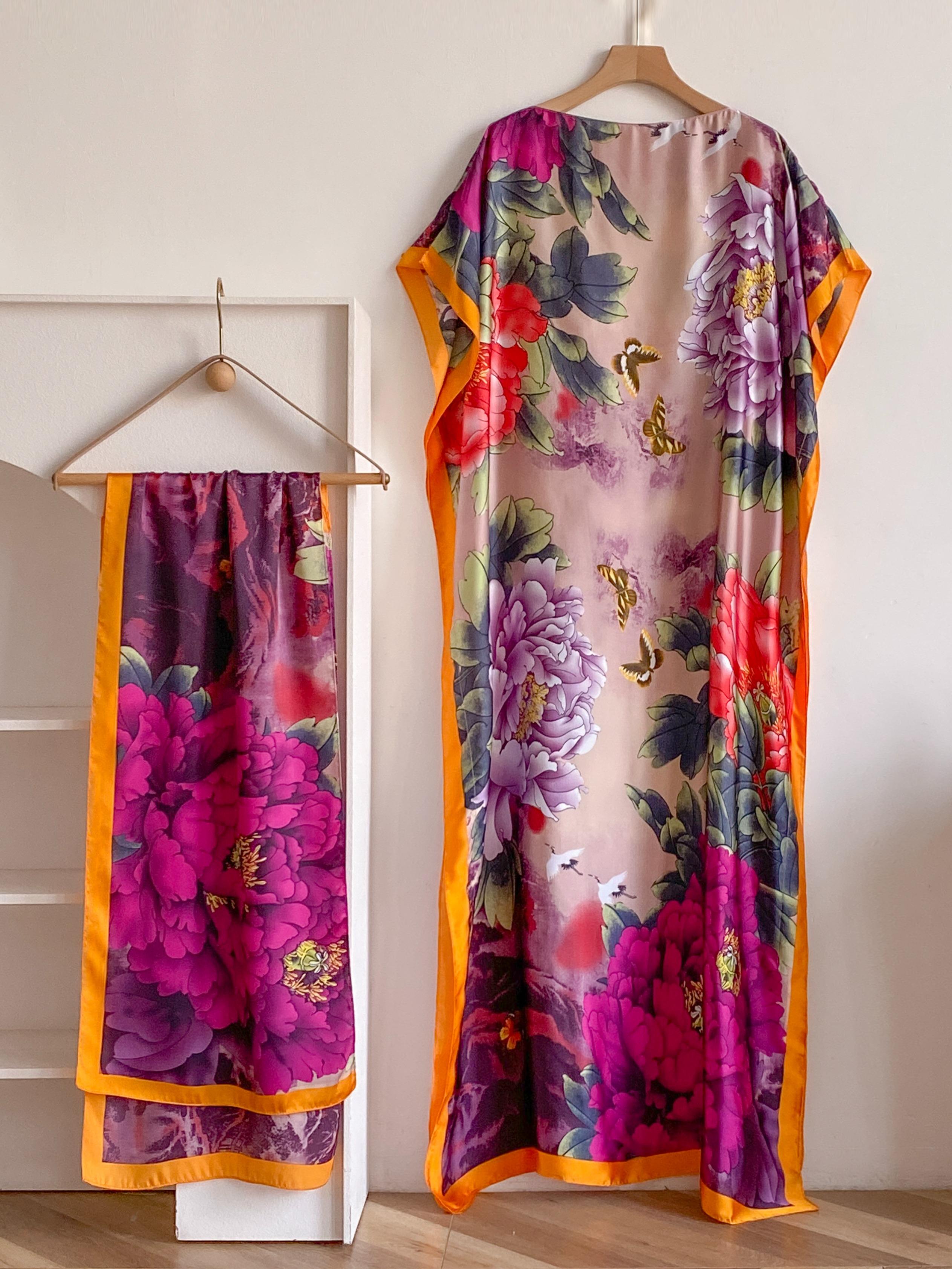 Women's Spring Summer Floral Pattern Robe & Thin Loose Fit Shawl Set, Casual Beach Sun Protection Satin Scarf