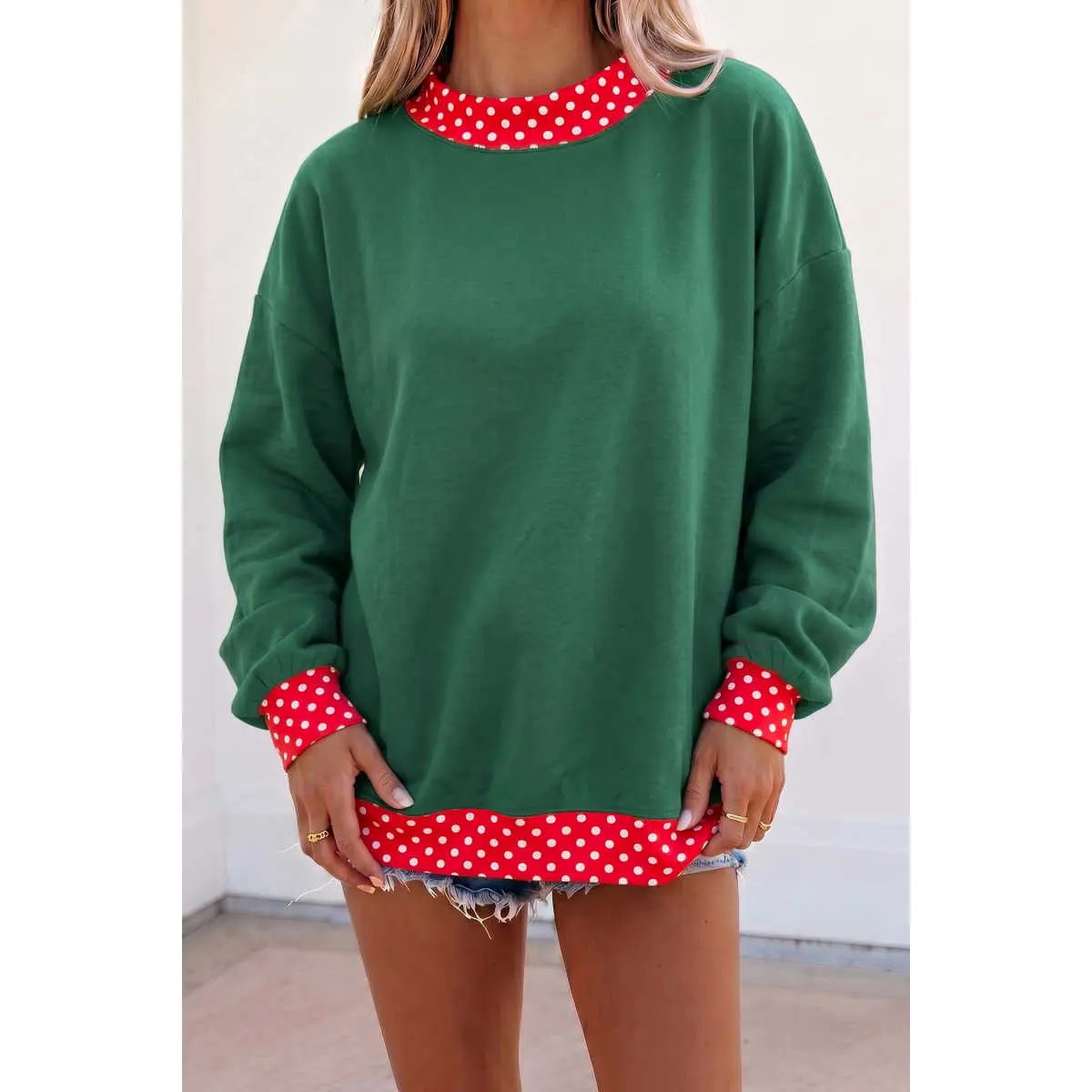 Dark Green Colorblock Polka Dot Contrast Trim Oversized Sweatshirt