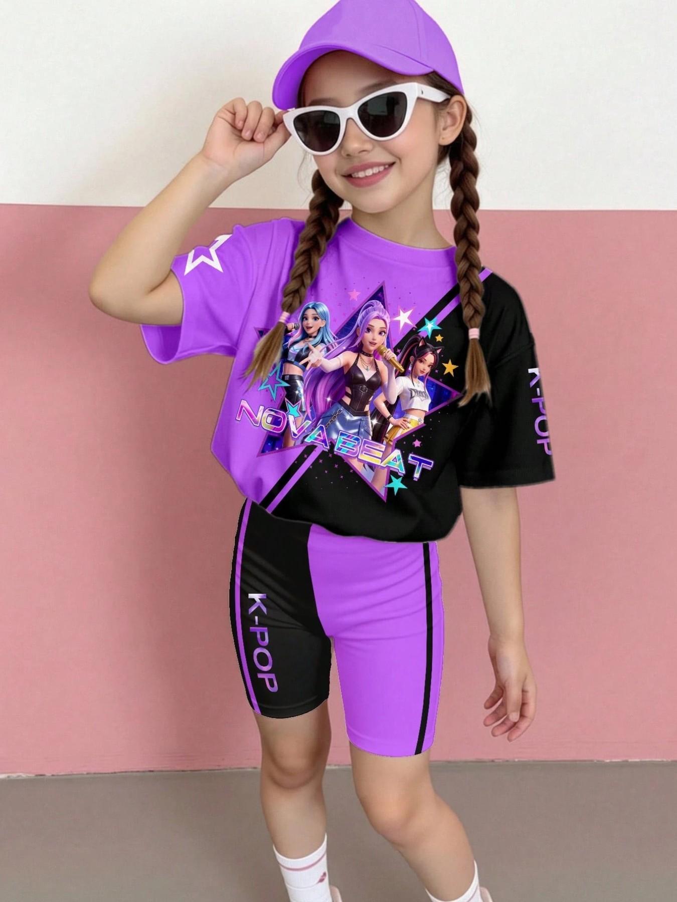 K-Pop New Star Theme Girl Two-Piece Set, Gradient Short Sleeve T-Shirt & High-Waisted Tight Fit Shorts, Casual All Seasons