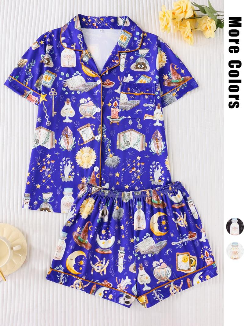 Women's All Over Print Pyjamas Two-piece Set, Casual Comfy Short Sleeve Lapel Neck Pajama Top & Elastic Waist Shorts PJ Set, Ladies Sleepwear, Loungewear Pajamas Set, Casual Pajama Sets