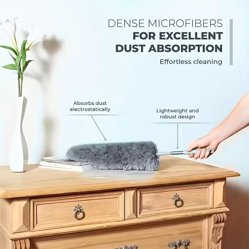 1-in-1 Retractable Extension Pole & Dusting Brush with Ergonomic Handle - Heavy-Duty Telescopic Pole, Washable Microfiber Heads for Wet/Dry Use, Multi-Purpose Ceiling/Furniture Cleaning - Space-Saving Duster, Ceiling Fan Duster for Hard-to-Reach Area