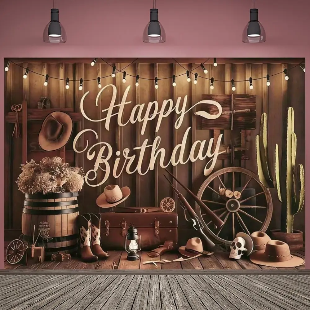 Western Cowboy Birthday Banner Background, Retro Cabin Cactus Boot Theme, Polyester Material, Party Decoration, Wall Decor