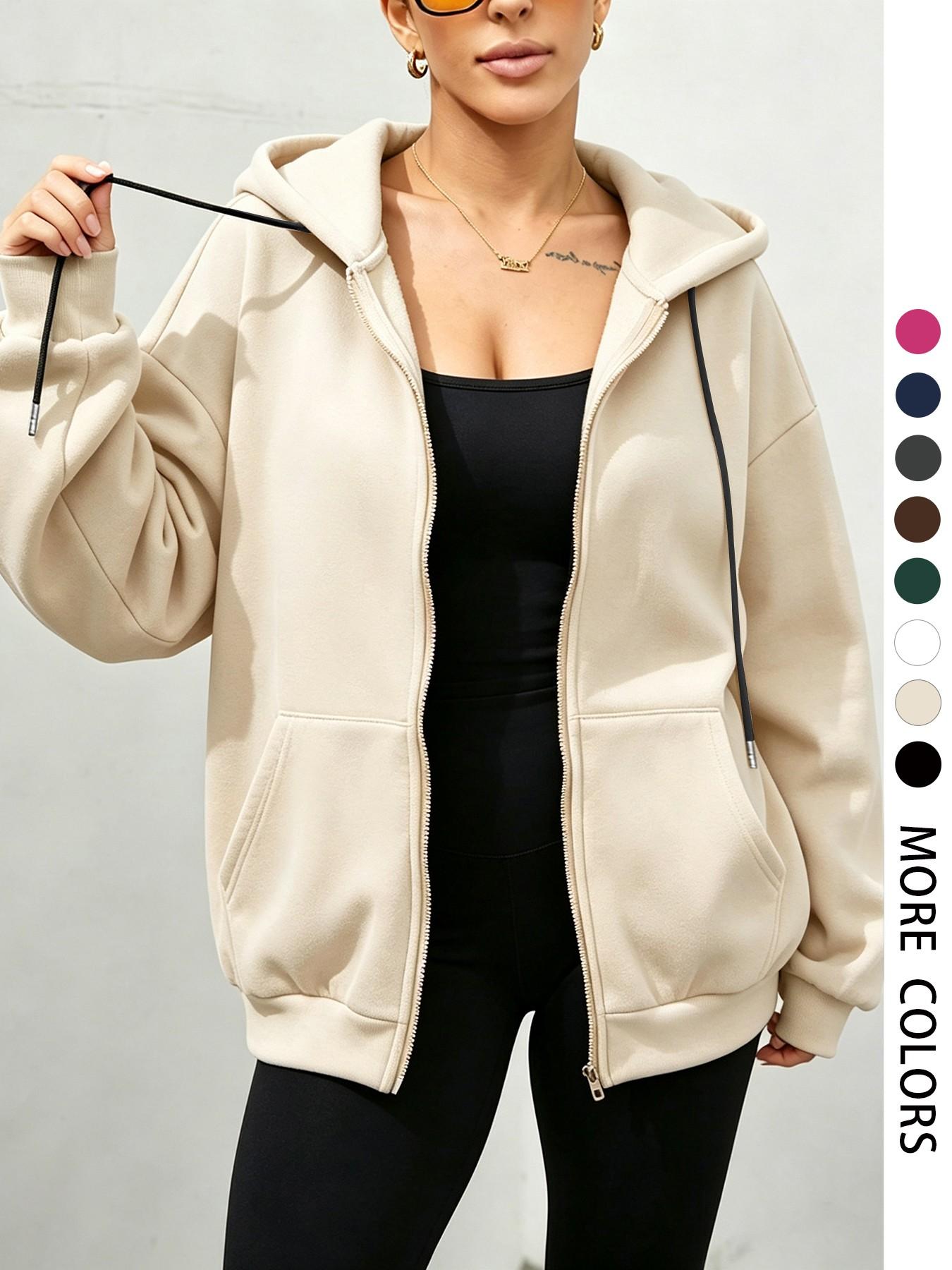 Women's Zipper Drawstring Hoodie, Long Sleeve Pocket Detail, Loose-Fit Casual Sweatshirt for Fall & Winter, Outdoor & Daily Wear
