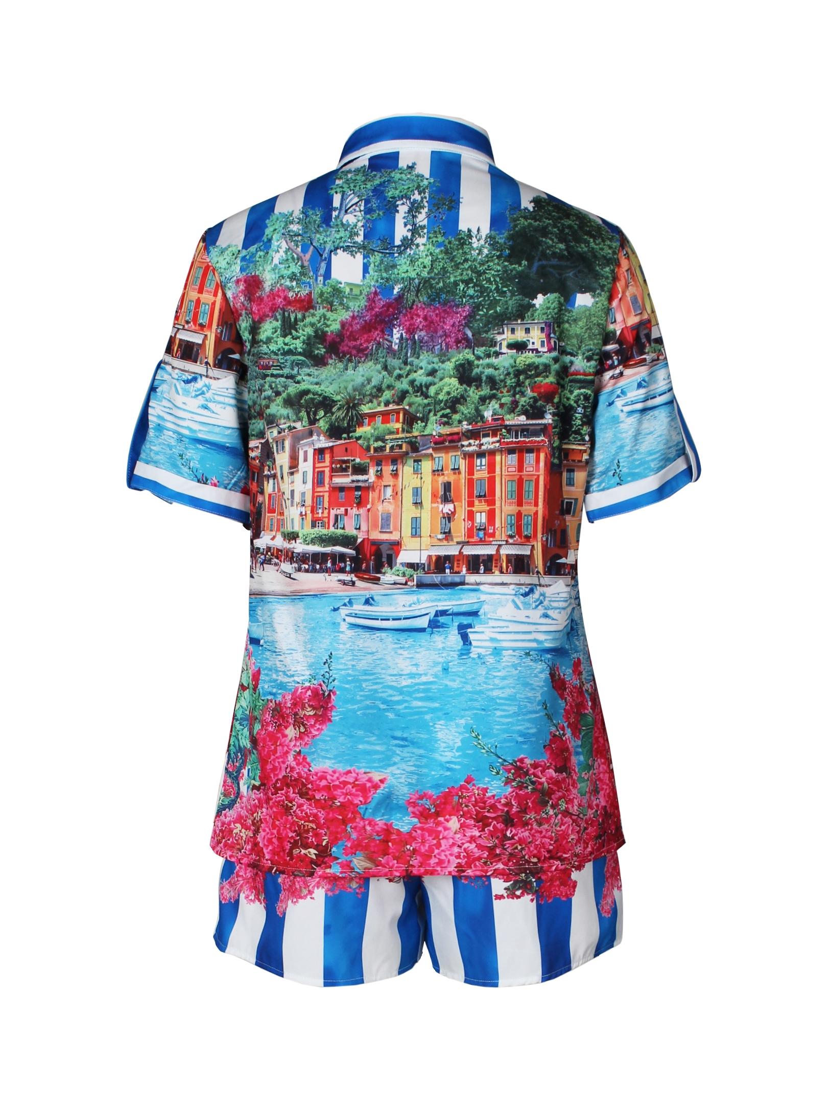 Women's 2 Piece Outfits Summer Floral Print 2 Pieces Shorts Sets for Women Button Down Short Sleeve Shirt and Casual Drawstring Shorts Beachwear Suit Floral City Short Set