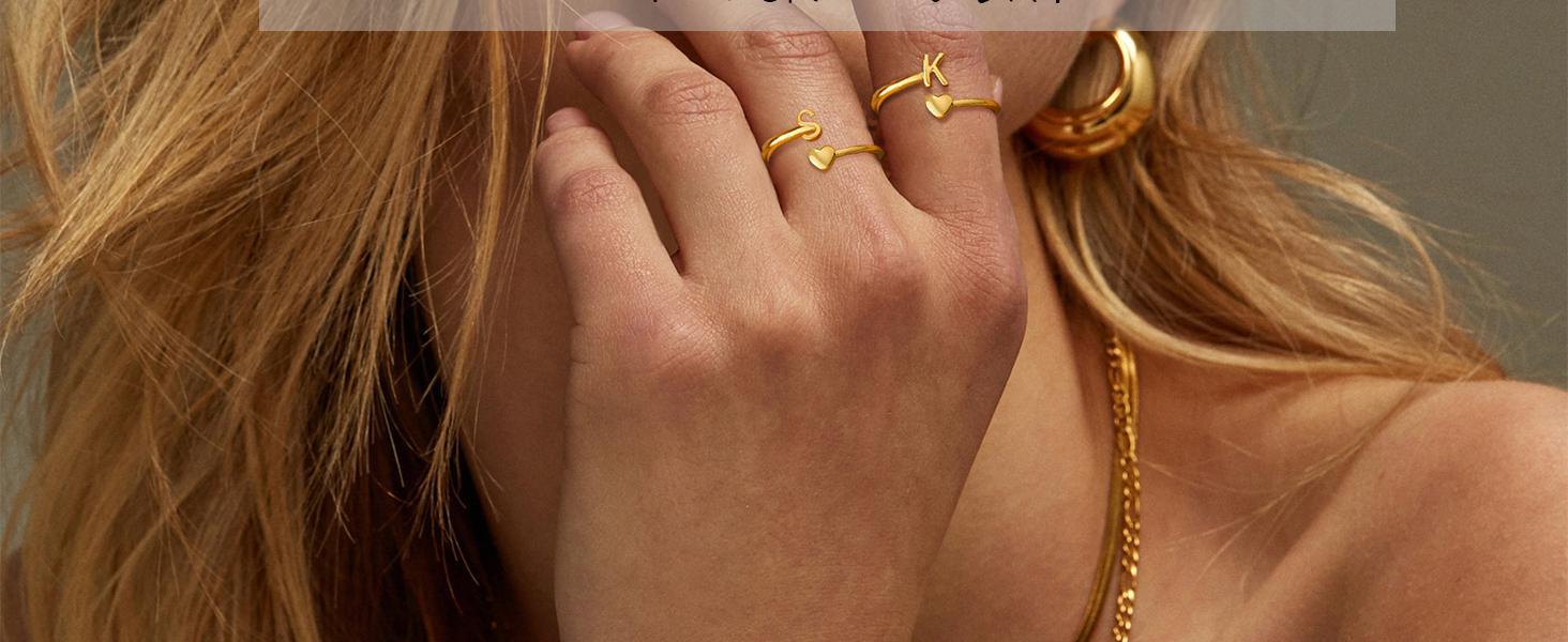 Gold Initial Rings for Women Non Tarnish 18K Gold Plated Heart Initial Stackable Rings Adjustable Pinky Rings for Women Cute Dainty Alphabet Capital Letter Rings Jewerly Gift, Ring Stack, Cute Rings