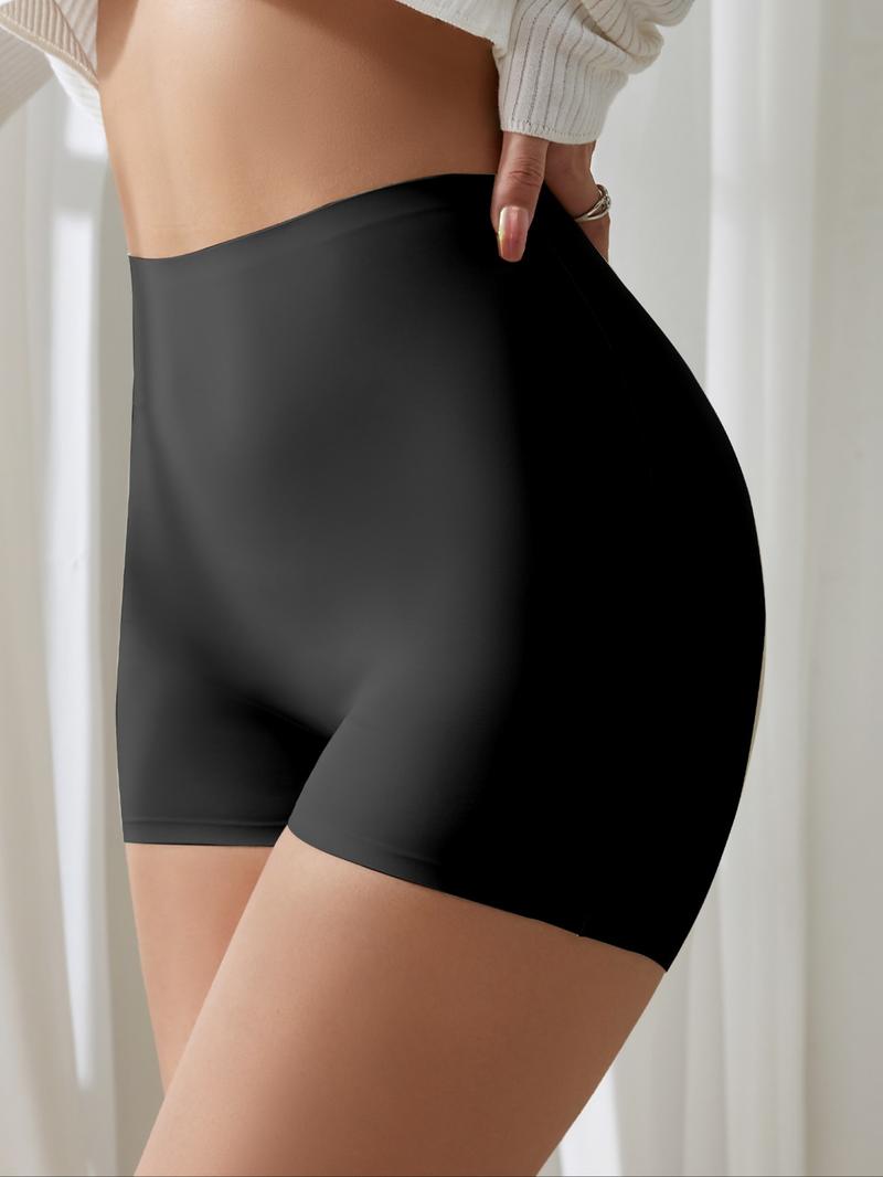 Women's Seamless Briefs Set, Abdominal Control Mid-Waist Underwear, Anti-Curling Safety Pants, Casual Fitted Plain Design, All Seasons