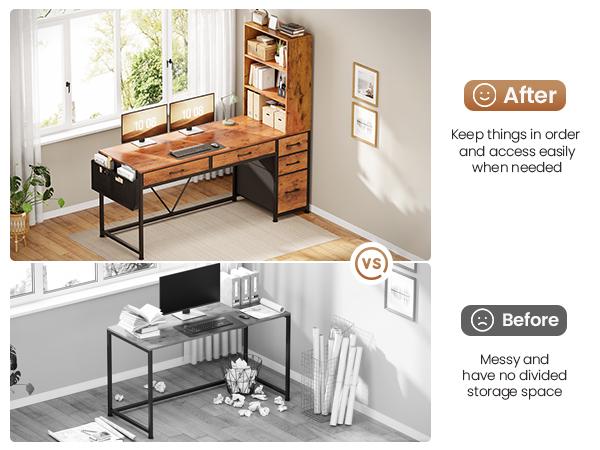 SEDETA 47.2 Inch Reversible Gaming Desk with LED Lights Drawer Storage Bookshelf for Small Spaces Furniture Office Tables Cabinets Wood Design Modern