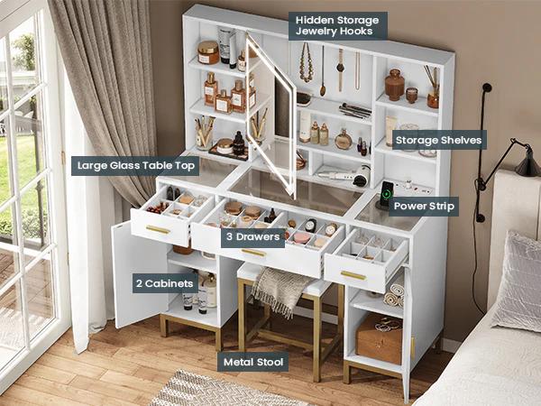 Sikaic Makeup Vanity Set With Mirror And Lights Charging Station Furniture Luxury Modern Design Bedroom Storage