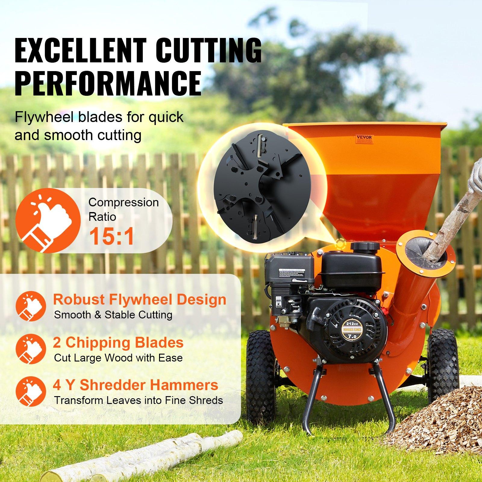 VEVOR Wood Chipper Shredder Mulcher, 7HP Heavy Duty Gas Powered Engine, 3 Max Diameter 212cc 4.1 kW, 4-Stroke 3-in-1 Woodchipper, Fast Chipping Chopping for Forestry, Gardens, EPA Certified