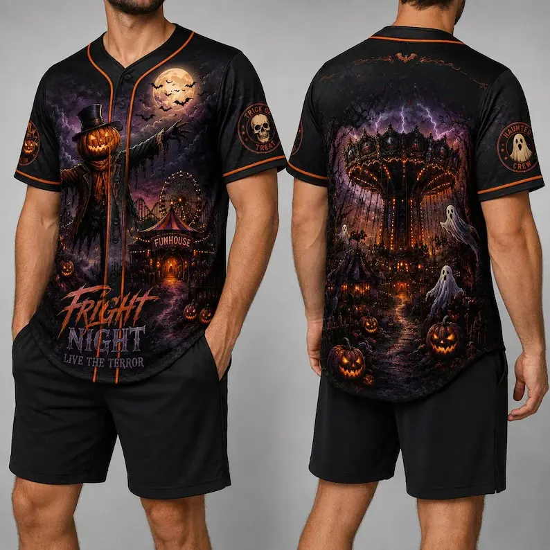 Halloween Baseball Jersey, Haunted Carnival Shirt, Fright Night Pumpkin Scarecrow Button Up, Spooky Season Gift, Halloween Outfits, Horror-Themed Clothing # Halloween # Halloween Gifts