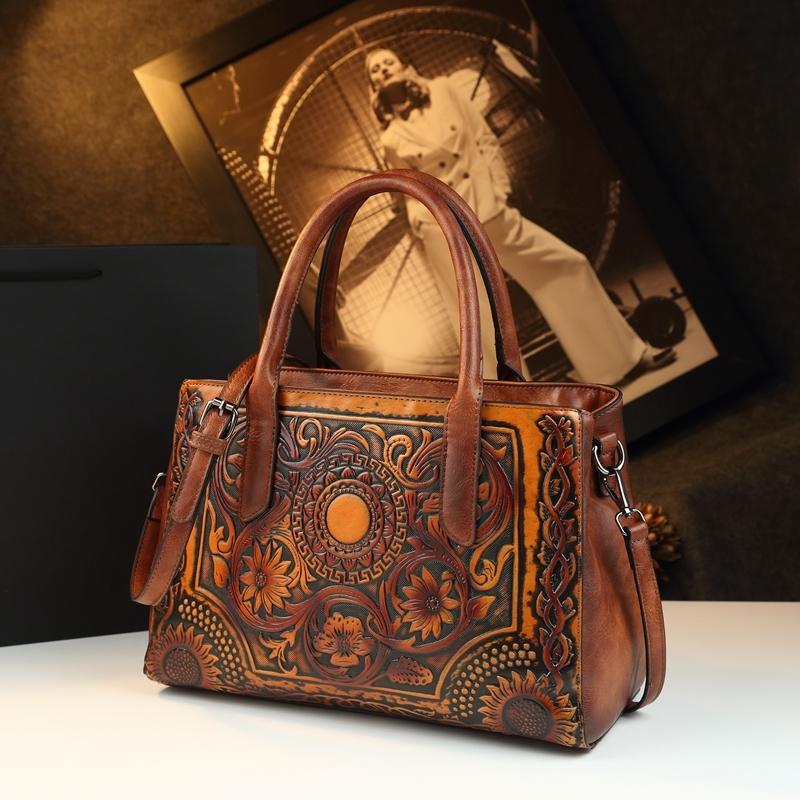 Vintage Tannery Craft Embossed Handbag, Traditional Floral Pressed Large Capacity Commuter Bag, Mom Style Shoulder Crossbody Bag
