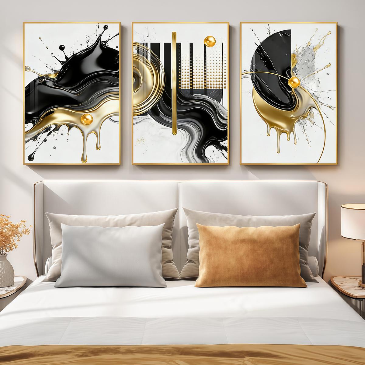 3 Counts Aluminum Alloy Framed Painting, Abstract Black And Gold Fluid Art Pictures, Home Decoration For Living Room, Bedroom, Office, Restaurant, Hallway Wall Decor, Odorless Print Artwork, Luxury Perfect Gift For Friends And Family