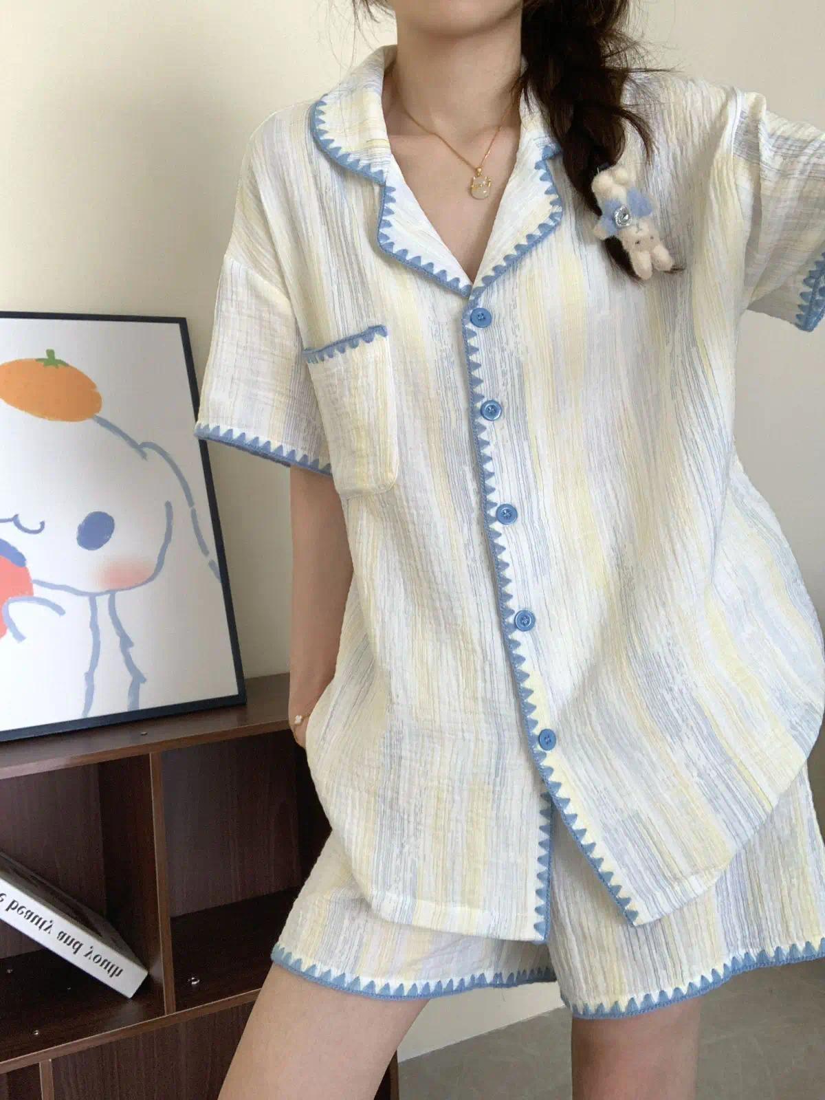 Cute Summer Color-Block Checkered Pajamas for Women: Short-Sleeve Set, Sweet Loungewear Two-Piece Set, Women's Summer Clothing