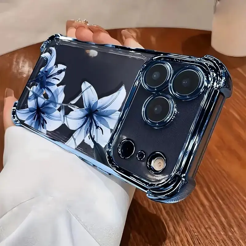 Electroplated Protective Smartphone Case Casing - Cellphone Protector for iPhone X,XS,11,12,13,14,15,16,17,18 with Blue Lily Pattern, Full-Coverage Lens Protection, Shockproof TPU Corners, Non-Slip Accessories for Women