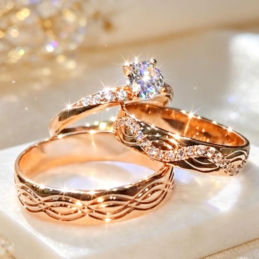 A Delicate Three-piece Rose Golden Set of Interchangeable Engagement and Bridal Rings, Ideal As A Gift for Special Occasions.